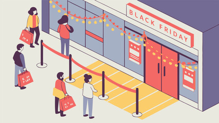 People waiting in line outside a store with black friday sign and shopping bags in their hands outside store