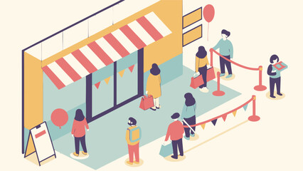 Isometric view of people queuing outside a shop with striped awning and decorative flags and balloons for sale
