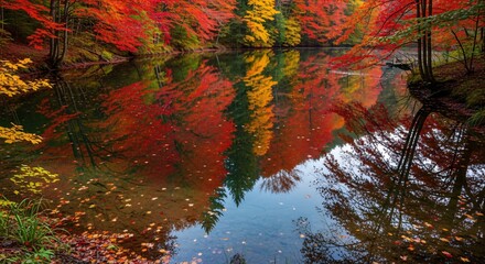 Colorful autumn forest with red and orange foliage reflected in the calm water of a river landscape season nature vibrant beautiful scenery