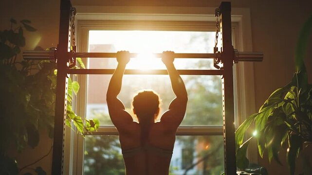 Silhouette of a person performing pull-ups in front of a sunlit window, surrounded by indoor plants. Backlit image with warm, golden light