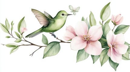 Enchanting pink blossom, a bird's serene perch on flowering branch in spring bird