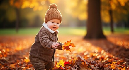 A young caucasian boy in a warm hat and jacket playing with golden autumn leaves in a sunlit forest park childhood happiness season fall