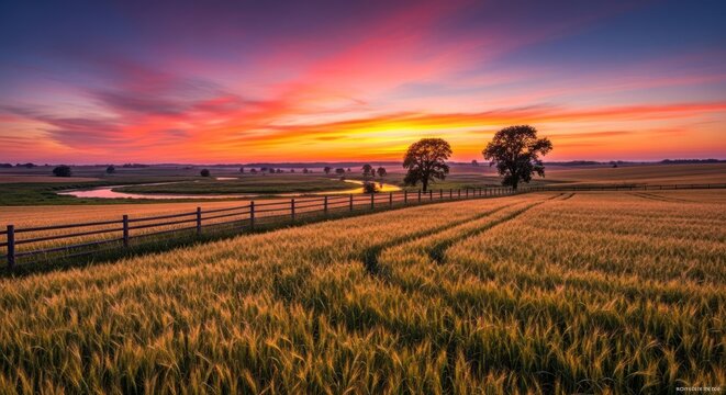 Golden wheat field stretches under a vibrant sunset sky, with a wooden fence and distant trees adding depth to this serene landscape scene, perfect for nature lovers.