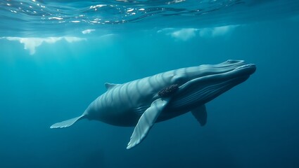 Fototapeta premium Humpback whale swimming gracefully underwater with sunlight filtering from the surface above ocean depths