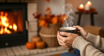 A cozy caucasian woman in a sweater holding a warm mug relaxing by a burning fireplace at home during autumn or winter hygge comfort
