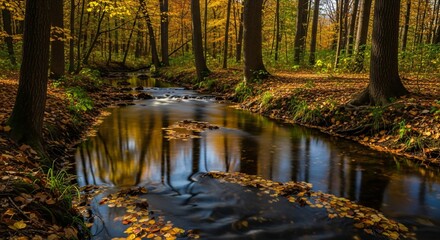 A tranquil creek flowing through a lush autumn forest with sunlight filtering through the trees nature woods landscape river stream peaceful