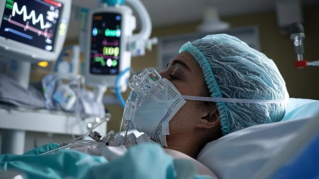 A young woman lies in a hospital bed wearing a medical mask and cap, connected to medical equipment. The room is dimly lit, creating a somber atmosphere