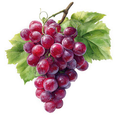 Fototapeta premium Watercolor illustration of a bunch of plump, red grapes with leaves, against a black backdrop