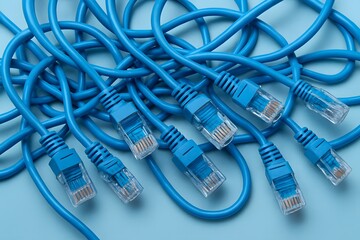 A tangled mess of bright blue ethernet cables with clear rj45 connectors on a light blue background