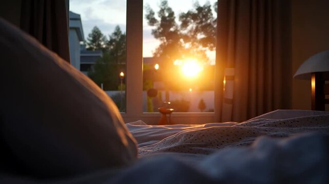 Warm sunset light illuminates a bedroom scene, focusing on a rumpled bed with a pillow in the foreground. The window is out of focus, showcasing a vibrant sunset outside