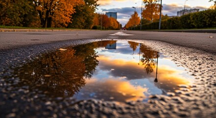 A colorful autumn forest and cloudy sky reflected in a puddle on a wet road after rain fall season landscape nature scenic perspective