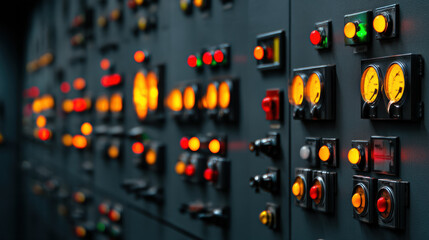 close-up view of an industrial control panel with illuminated gauges, switches, and indicator lights in a dimly lit setting.