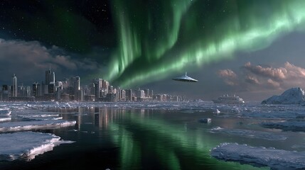 Futuristic city skyline beneath aurora borealis with flying saucer and cruise ship in icy water