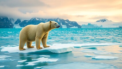A polar bear standing on an ice floe in the arctic ocean with mountains in the distance at sunset
