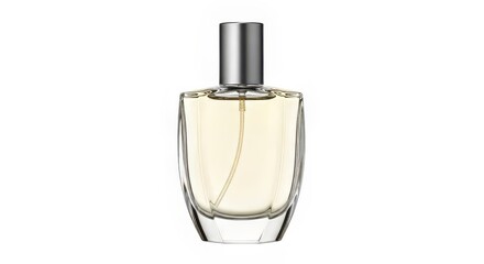 Perfume Bottle with Pale Yellow Liquid and Silver Cap on White Backdrop