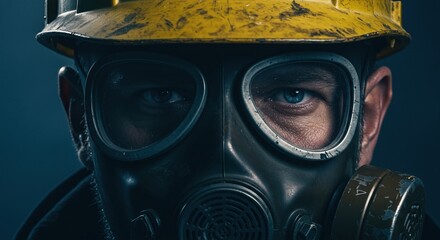 Man wearing gas mask and hardhat looking at the camera