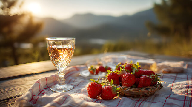 Romantic picnic setup with fresh strawberries and wine glass against mountain view at golden hour, soft bokeh effect in background, warm color tones, no artificial filters --ar 16:9 - Powered by Adobe