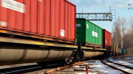 Freight train with red and orange cargo containers on railway tracks during a sunny winter day. The focus is on the train's undercarriage and the containers, with a blurred background of snow and - Powered by Adobe