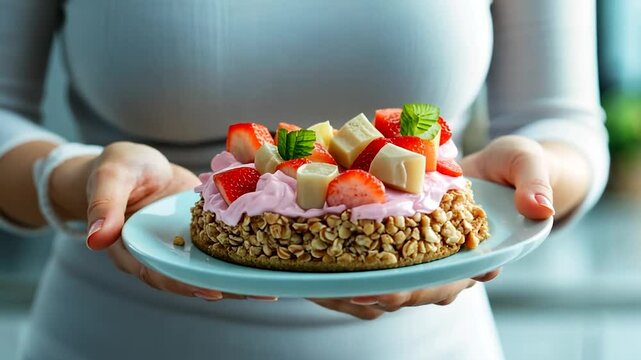Closeup of a person holding a plate of fruit-topped dessert. The dessert has a granola-like base and pink cream, topped with strawberries, kiwi, and other fruits. The person is wearing a white top