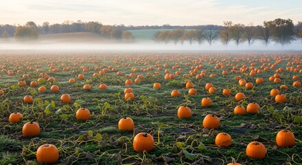 A large field of orange pumpkins ready for harvest on a foggy morning with mist over a lake autumn halloween agriculture rural landscape