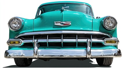 Bright teal vintage car with chrome bumper facing forward
