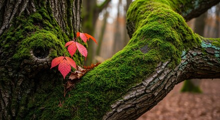 A close-up of a mossy tree branch with vibrant red autumn leaves against a dark forest background nature detail texture contrast fall