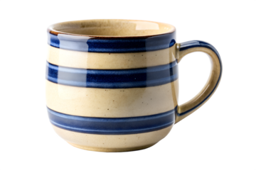 Cream and Blue Striped Ceramic Mug; Rustic, Farmhouse Style; Warm, Cozy Mood; Isolated on Black Background.