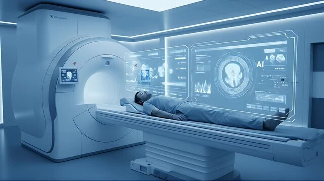 Medical MRI machine with patient and futuristic holographic displays