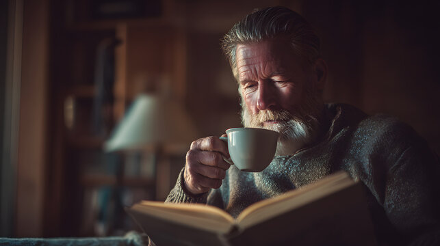 Senior man relaxing indoors reading book and drinking coffee in warm light - Powered by Adobe