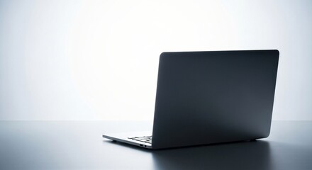 A modern slim black laptop computer open and ready for work on a reflective table against a plain grey background technology business office