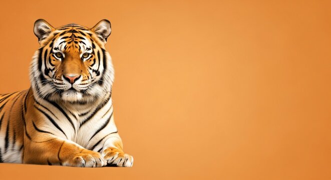 A full body shot of a bengal tiger lying down looking at the camera on a plain orange background wildlife animal big cat predator studio