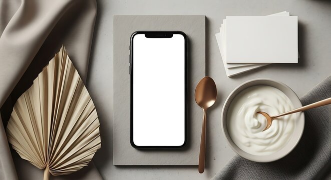 A modern flatlay composition featuring a smartphone mockup with a blank screen, business cards, a spoon, and a bowl of yogurt, surrounded by a decorative leaf and fabric