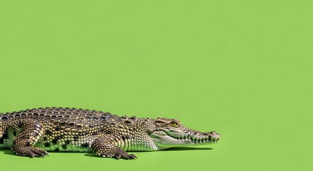 A large crocodile resting on a bright green screen background for compositing wildlife reptile predator animal alligator isolated studio shot