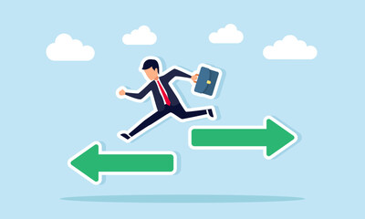 Businessman jumping toward an opposite arrow representing the illustration of changing business direction or policy