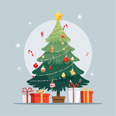 Decorated Christmas tree with ornaments, lights, gifts, and star topper on white background, clean vector style for festive holiday and seasonal design use.