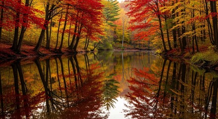 A vivid red and orange autumn forest landscape perfectly reflected in the calm water of a lake season nature scenic beauty foliage fall