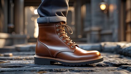 Single Stylish Leather Work Boot on Rustic Wooden Background with Warm, Diffused Lighting

