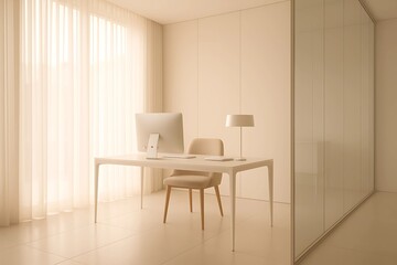 Fototapeta premium Minimalist Home Office Workspace Warm Beige Tones Clean Design