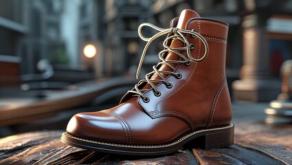 Rugged Work Boot in Rich Brown Leather with Contrast Stitching and Thick Black Treaded Sole

