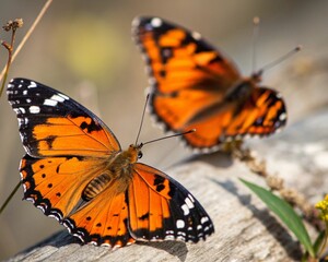 Obraz premium A colorful monarch butterfly with black and orange wings gracefully rests on a vibrant flower in a close-up summer garden shot
