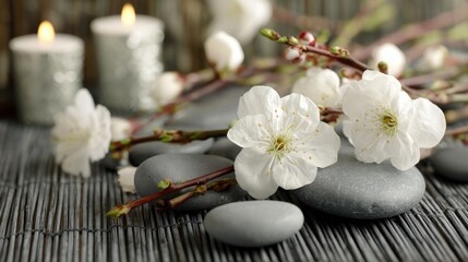 Naklejka premium Ultra quality image of elegant spa theme with soft lighting, white flowers, grey matte stones, and bamboo sticks.