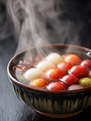 Close up of Sweet Rice Balls in a Bowl with Steam Rising.