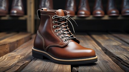 Highly Detailed Brown Leather Boot with Tan Laces and Textured Sole in Warm Outdoor Light