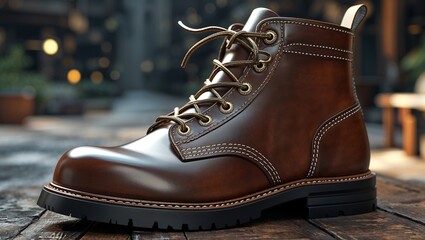 Close-Up of a Polished Brown Leather Work Boot on Wooden Surface with Visible Stitching and Rugged Sole