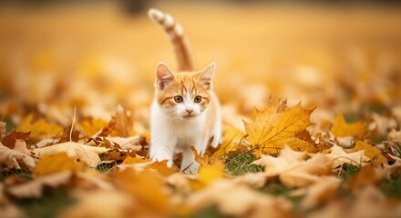 A cute ginger tabby kitten walking through a field of colorful golden autumn leaves with a blurry background pet animal fall season play