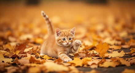 An adorable little tabby kitten sitting among vibrant golden autumn leaves looking up with curiosity pet animal cute fall season feline