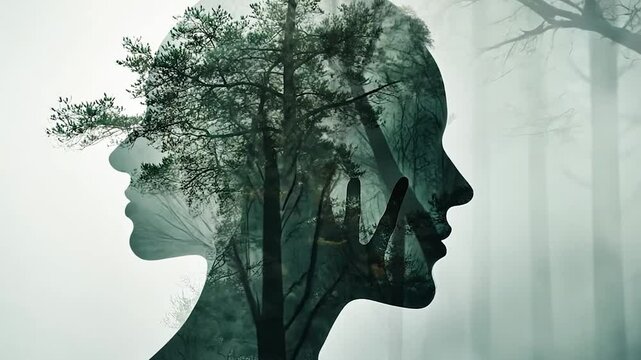 Double exposure portrait of a person, overlaid with a lush green tree and misty clouds creating a serene and mysterious atmosphere. The image is predominantly in shades of green and white, with soft