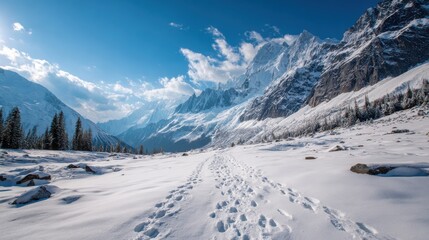 Ultra quality image of icy Blue Mountains and Snowfield Path Footprints.