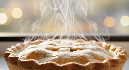 A close-up of a delicious hot pie with steam rising against a warm bokeh background comfort food baking dessert fresh homemade treat