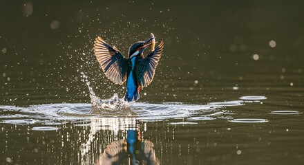 A kingfisher bird emerging from the water with a fish in its beak creating a splash wildlife nature action hunting success predator